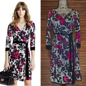 Diane von Furstenberg Julian Two Silk Wrap Dress Black Fuschia Womens Size 2 - Picture 1 of 10