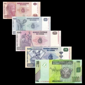 Congo 50 100 200 500 1000 Francs, set of 5 pcs, P96-P99 P101, banknote, UNC - Picture 1 of 2