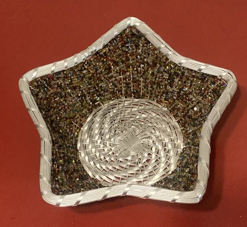 STAR BASKET Silver Metal Glass Beaded Woven Holiday Container Basket Bowl Cover