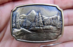 Vtg FOREST Belt Buckle ART Wilderness LAKE River PINE Mountain BTS Brass RARE VG - Picture 1 of 4