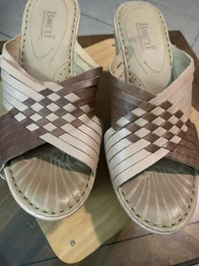 BORN Two Tone Brn Strap Leather Platform Wedge Sandals Womens SZ 7 M/W Hippie Y2 - Picture 1 of 16