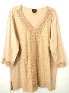 JM COLLECTION 3X Beige V-Neck Crochet Lace Sequin Trim 3/4 Tunic Top - Picture 1 of 4