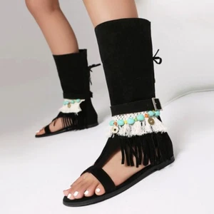 Spring Summer New Women's Beach Shoes Bohemian Flat Heel Tassel Casual Sandals - Picture 1 of 19