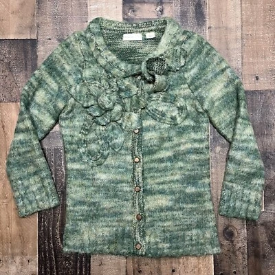 Anthropologie Mohair Wool Cardigan Sweater Sleeping On Snow Green Floral Medium - Image 1 of 4