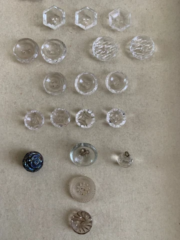 Lot of 32 French Antique Clean Faceted Glass Buttons - Round, Hexagon, bead Cover