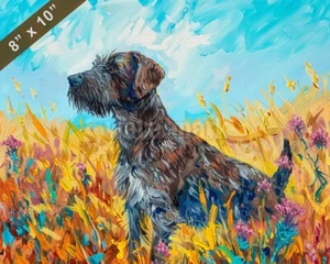 German Wirehaired Pointer dog painting in a vibrant fiel 8x10 Print - Picture 1 of 1