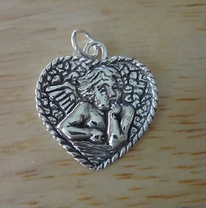 Sterling Silver 20x20mm Rafael's Angel in a Heart Charm - Picture 1 of 3