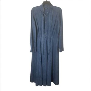 eShakti Damen Denim Plissee Tie Neck Kleid L 14 Langarm Midi Bescheiden - Bild 1 von 4