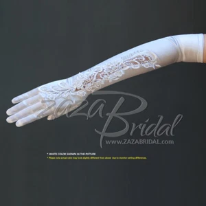 GORGEOUS SATIN GLOVES WITH A FLORAL EMBROIDERY LACE, SEQUINS AND PEARL ACCENT - Picture 1 of 4