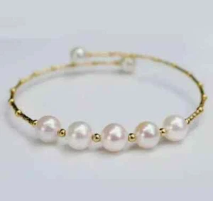 AAA Akoya Bracciale di perle bianche naturali vere oro 14k 7,5-8" - Foto 1 di 3