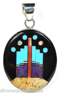 925 Sterling Silver Southwestern Pueblo Pendant with Multicolor Inlay Stones - Picture 1 of 3
