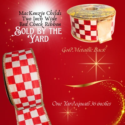 MacKenzie Childs Red Check Ribbon 2" wide SOLD BY THE YARD Red White Gold Trim - Image 1 of 4