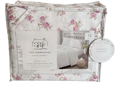 Farmhouse by Rachel Ashwell 4pc Shabby Chic Pink Roses QUEEN Cotton Sheet Set - Image 1 of 4