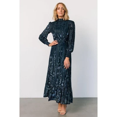 Vestido maxi Baltic Born novo sem etiquetas Penelope veludo azul marinho burnout floral manga longa P - Imagem 1 de 4
