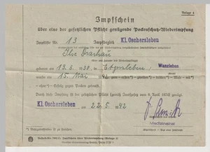 Impfschein Pocken Schutz Wiederimpfung , Kl.Oschersleben Wanzleben 1942 - Picture 1 of 2