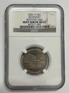 2001-P Kentucky State Quarter 90 Degree Rotated Dies NGC MS62 Mint Error - Picture 1 of 4