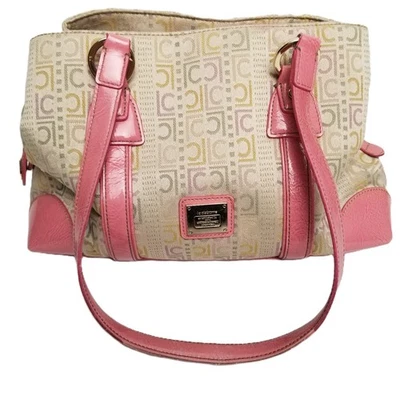 Liz Claiborne Jacquard Logo Handbag Purse Satchel Pink Beige Canvas Vintage - Image 1 of 4