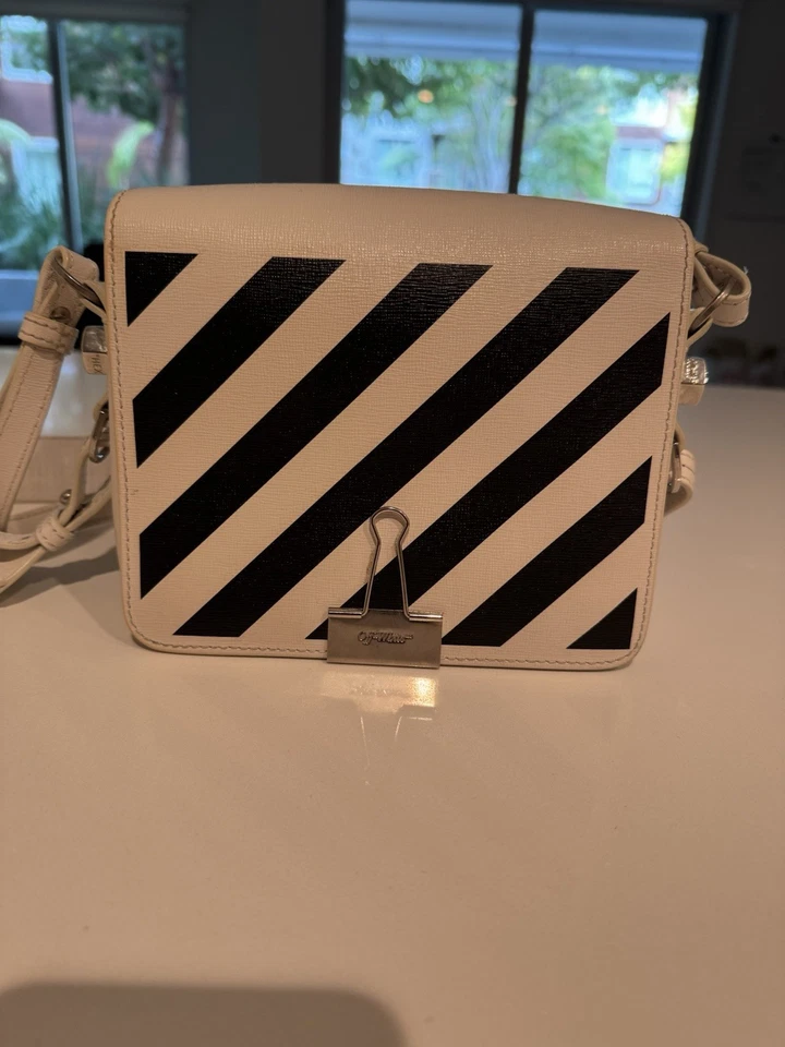 OFF-WHITE Diagonal Stripe Flap Binder Clip Bag Leather White/Black - Image 1 of 4
