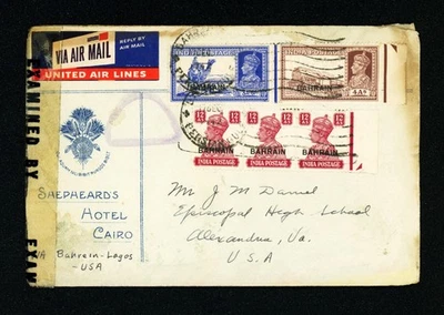 [EGYPT] 1938-1941 Censored Cover Cairo to USA via Bahrain-Lagos - Image 1 of 2