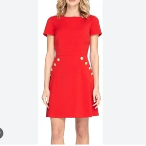 Neu Tahari rot lebendig A-Linie Business professionell Gold Knopf Kleid Gr 10 - Bild 1 von 8