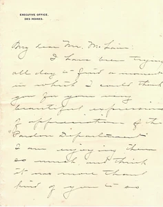 1908 Iowa Gouverneur Albert B. Cummins Executive Office Briefkopf handsigniert - Bild 1 von 2