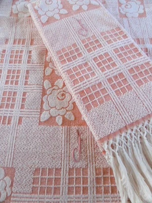 3 serviettes toilette frangées en coton éponge fleuri rose - Photo 1/4