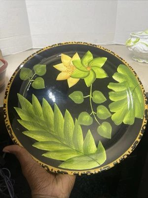 Laurie Gates Ware Round Serving Platter 14.5" Black Green Leopard Trim Flower Foto 1 de 4