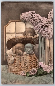 Sleepy Puppies In Above Lidded Wicker Basket~Lilacs In Glass Vase~1908 Handcolor - Picture 1 of 2