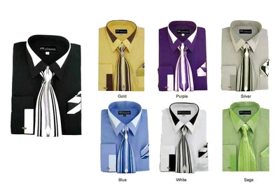 Men's French Cuff Dress Shirt with Tie And Handkerchief 7 Colors Size 15~20 SG34 - Image 1 of 2