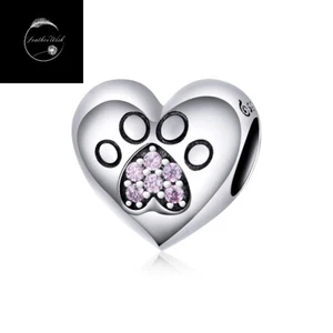 Sterling Silver 925 Charm Paw Print Heart Bead Cat Dog for Bracelets Family Mum - Picture 1 of 6