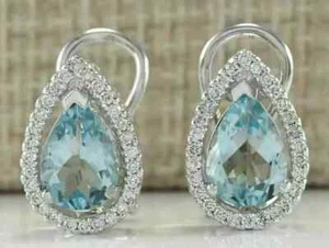 2Ct Lab-Created Aquamarine Pear Cut 14k White Gold Plated Women's Hoop Earring - Picture 1 of 5