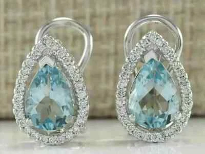 2Ct Lab-Created Aquamarine Pear Cut 14k White Gold Plated Women's Hoop Earring - Image 1 of 4