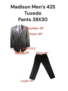 Madison Men’s Tuxedo Suit Size 42S Pants 38X30 Black - Picture 1 of 16