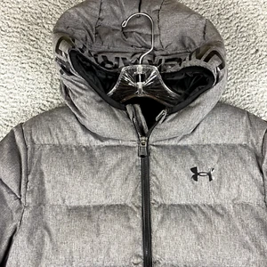 Under Armour Jacket Youth Boys Medium Gray Coldgear Puffer Coat Hooded Quilted - Picture 1 of 9