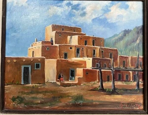 Taos Pueblo Original Oil on Canvas Painting, Native American Art, Signed Antonio - Picture 1 of 10