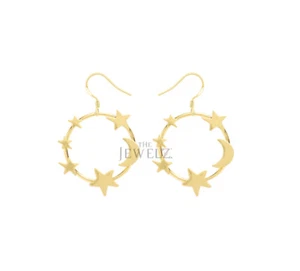 14K massives schlichtes Gold runder Mond Stern Ohrhänger Handarbeit - The Jewelz - Bild 1 von 3