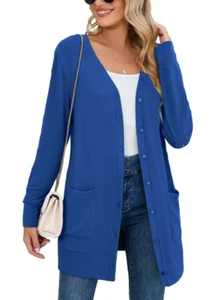 SHOWMALL Women Lightweight Long Sleeve Button Down V Neck, Size 2XL, Klein Blue - Picture 1 of 4
