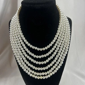 Faux Pearl Necklace Six Strand 16” Adjustable Vintage Hook Clasp - Picture 1 of 6