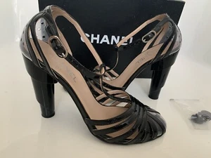 CHANEL 8.5 39.5 Black Patent Leather PVC Strappy High Heels Orsay Sandals Pumps - Picture 1 of 12