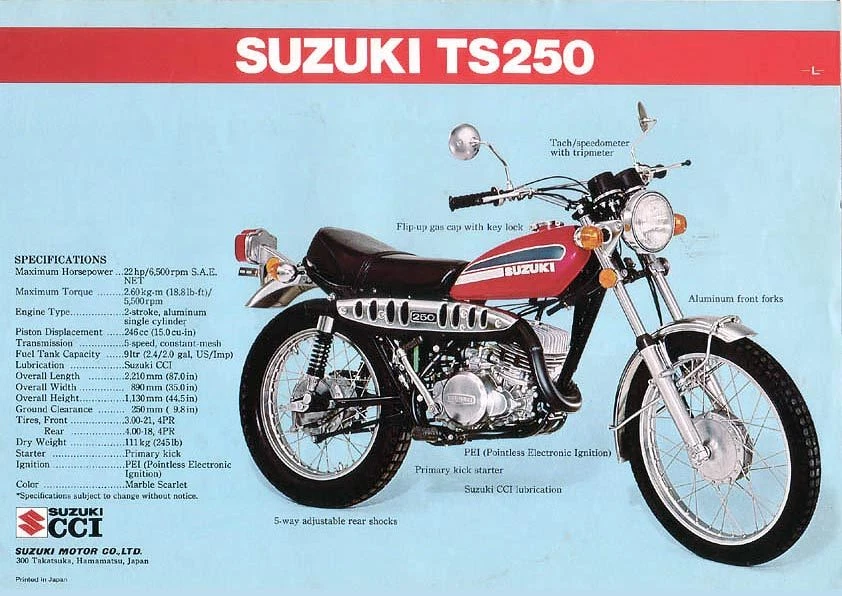 Suzuki TS-250L 1974 especificaciones de ventas anuncio vintage Foto 1 de 1