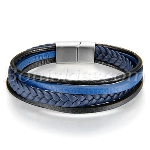 Men's Multilayer Braided Wheat Leather Stainless Steel Buckle Bracelet Wristband - Picture 1 of 5