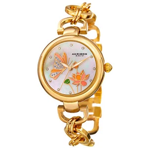 Women's Akribos XXIV AK934YG Mother of Pearl Butterfly Dial Design Link Watch - Picture 1 of 4