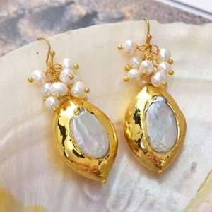 Natural White Pearl Gold Plated Keshi Pearl Hook Earrings Handmade Lady Gifts - Picture 1 of 6