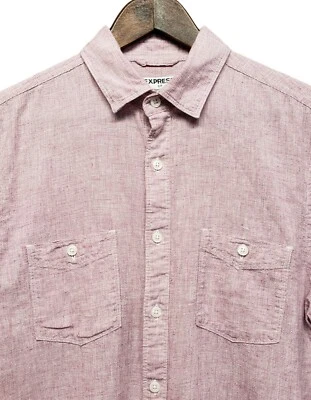 Express Shirt Mens Small Linen Blend Button Up Red Chambray 2 Pocket Long Sleeve - Image 1 of 4