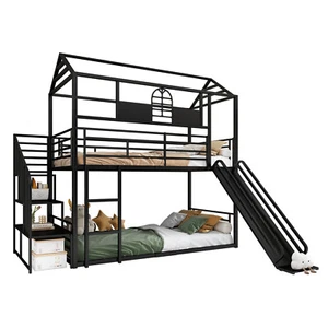 Etagenbett Kinderbett Metallbett 90x200cm mit Rutsche und Stauraumtreppe schwarz - Bild 1 von 13
