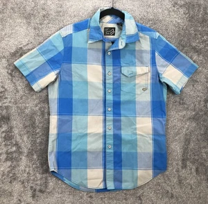 Fox Racing Shirt Mens Medium Blue Plaid Short Sleeve Button Front Fox Head Logo - Picture 1 of 21