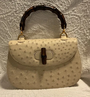 Rare Vintage Gucci Ostrich Leather Purse With Bamboo Handle And Closure - Image 1 of 4