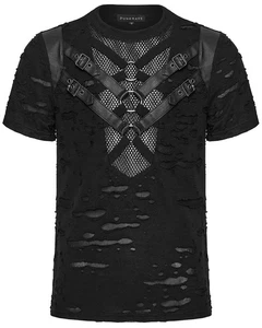 Punk Rave Mens Apocalyptic Gothic Grunge Shredded Fishnet Mesh T Shirt Top Black - Picture 1 of 13