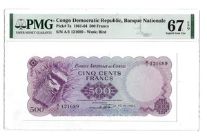 Top Pop 67 EPQ Superb Gem PMG 500 Francs 1961 Congo Banknote  # 7a - Picture 1 of 4
