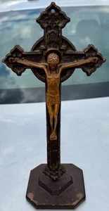 Antikes französisches Krizifix, Kreuz Fleury, Holz, Heiliges Grabtuch, Ständer, Jesus - Bild 1 von 9